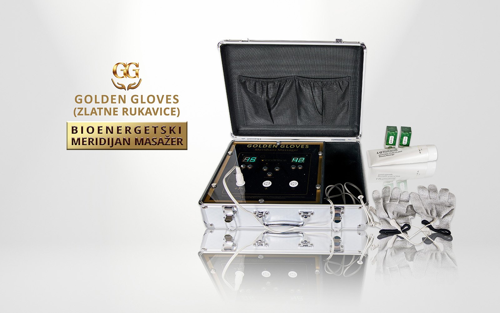 Kompletan Golden Gloves uređaj: otvoreni kofer, kontrolna jedinica, rukavice i pribor